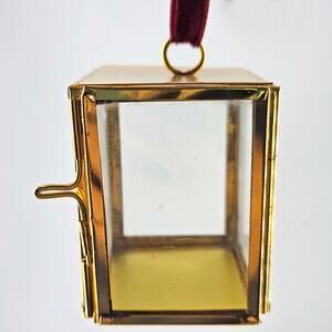 Gold brass glass votive holder lantern Christmas tree ornament red velvet ribbon